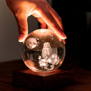Krystalkugle med 3D-ugle og måne, oplyst på en firkantet base med en varm glød.