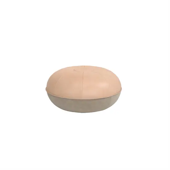 Rund pouf fra Fritz Hansen med lys beige lædertop og lys grå kanvasbund, Ø50 cm.