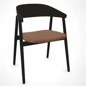 Stol med sort ramme, buet ryglæn, brun polstring på sæde og let vinklet benstruktur.