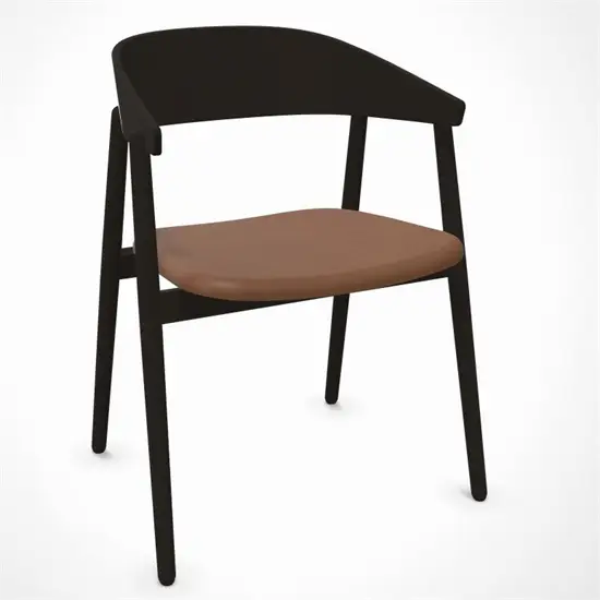 Stol med sort ramme, buet ryglæn, brun polstring på sæde og let vinklet benstruktur.