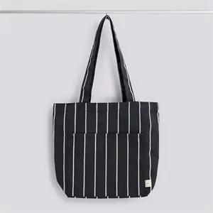 Hay - Outdoor Market Tote Bag-Medium-Black with beige stripe