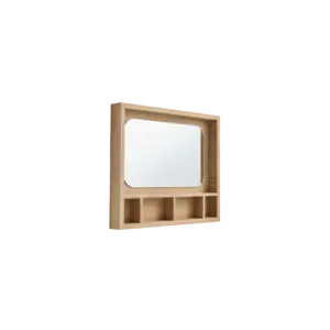 Rektangulært spejl i træramme med flere opbevaringsrum nedenfor.