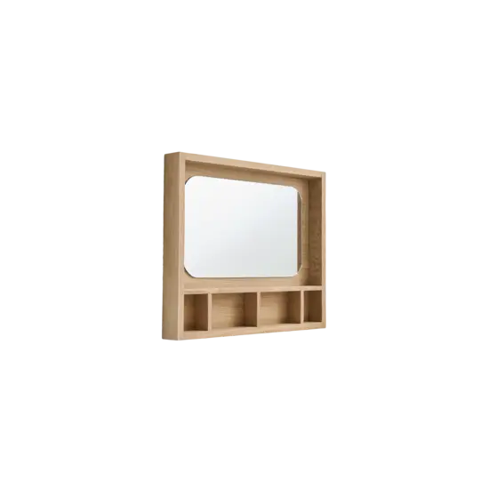 Rektangulært spejl i træramme med flere opbevaringsrum nedenfor.