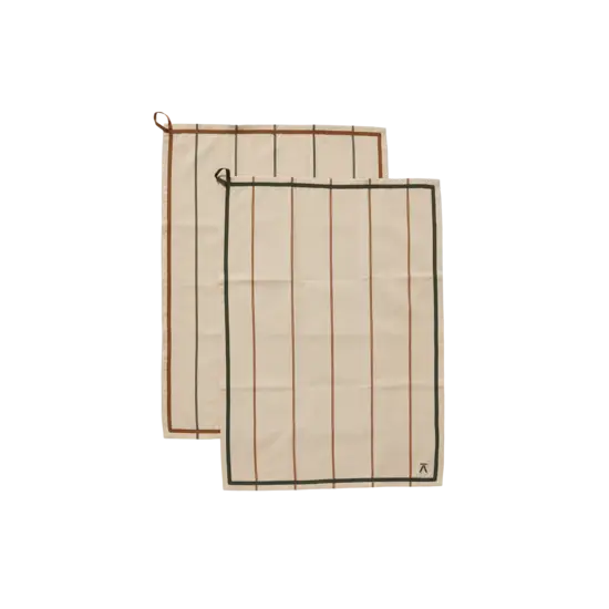 To viskestykker med grønne og brune striber, strop til ophængning og logo i hjørnet.