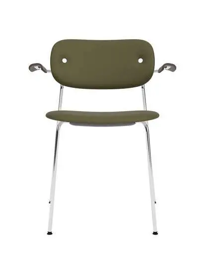 Audo Copenhagen - Co Dining Chair w/Armrest, Chrome Steel Base, Upholstered Seat and Back PC0L, with Oak Arms, Dark Stained Oak, EU/US - CAL117 Foam, 0441 (Army), Sierra, Sierra, Camo