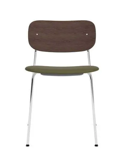 Audo Copenhagen - Co Dining Chair, Chrome Steel Base, Upholstered Seat PC0L, Oak Back, Dark Stained Oak, EU/US - CAL117 Foam, 0441 (Army), Sierra, Sierra, Camo