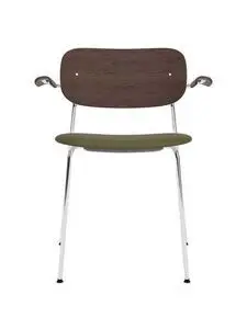 Audo Copenhagen - Co Dining Chair w/Armrest, Chrome Steel Base, Upholstered Seat PC0L, Oak Back and Arms, Dark Stained Oak, EU/US - CAL117 Foam, 0441 (Army), Sierra, Sierra, Camo