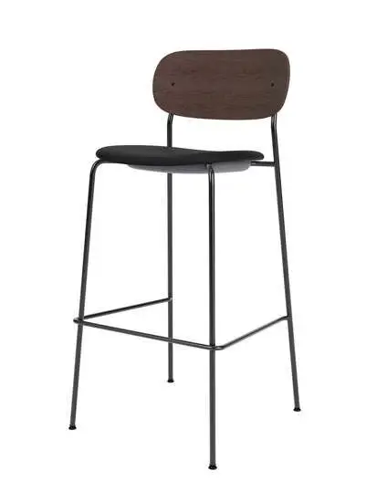 Audo Copenhagen - Co Bar Chair, Black Steel Base, Upholstered Seat, Oak Veneer Backrest, PC0L, Dark Stained Oak, EU/US - CAL117 Foam, 1001 (Black), Sierra, Sierra, Camo