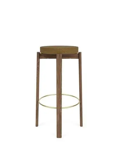 Audo Copenhagen - Passage Bar Stool, Walnut Base, Seat Upholstered With PC0T, Brass Ring, EU - HR Foam, 06 (Gold), Audo Bouclé, Audo Bouclé, Audo