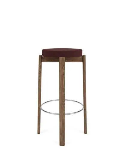 Audo Copenhagen - Passage Bar Stool, Walnut Base, Seat Upholstered With PC3T, Steel Ring, Stainless Steel, EU - HR Foam, 0693 (Burgundy), Vidar, Vidar, Kvadrat