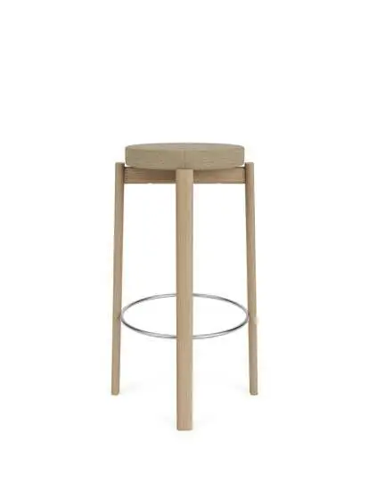 Audo Copenhagen - Passage Bar Stool, Natural Oak Base, Seat Upholstered With PC0T, Steel Ring, Stainless Steel, EU - HR Foam, 02 (Beige), Audo Bouclé, Audo Bouclé, Audo