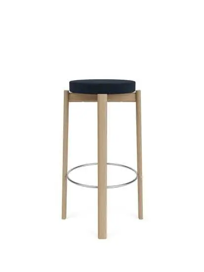 Audo Copenhagen - Passage Bar Stool, Natural Oak Base, Seat Upholstered With PC3T, Steel Ring, Stainless Steel, EU - HR Foam, 0786 (Dark Blue), Vidar, Vidar, Kvadrat