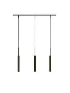 Tre slanke, bronzefarvede rør hænger lodret fra en sort, horisontal skinne. Minimalistisk design.