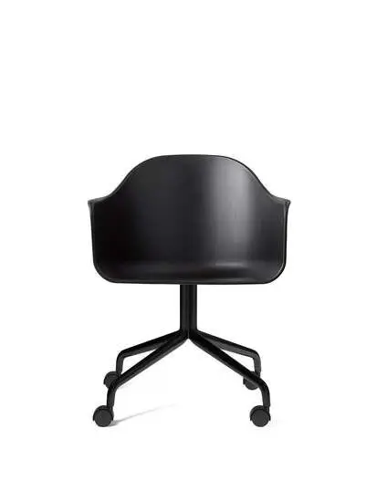 Sort spisebordsstol med høj ryg, armlæn og hjul. Moderne design i sort aluminium.