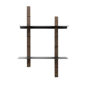 Væghængt hyldesystem med to hylder og lodrette bjælker, minimalistisk og moderne design i røget eg.