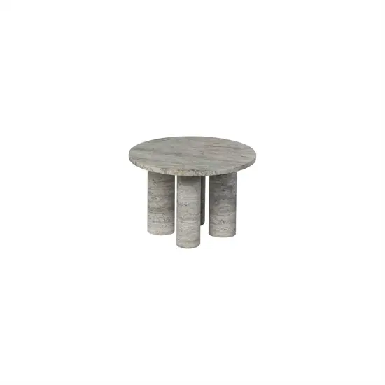 Rundt sidebord med tre cylindriske ben og en stenlignende tekstur med naturlige variationer.