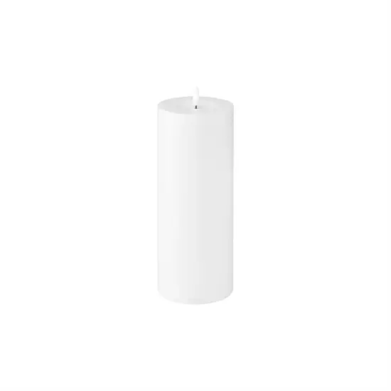 Hvid LED-lys med glat overflade og flammeformet design på toppen.