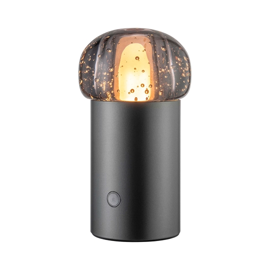 LED-lampe med metalbase og glaskuppel. Lyser indefra. Knap på siden.