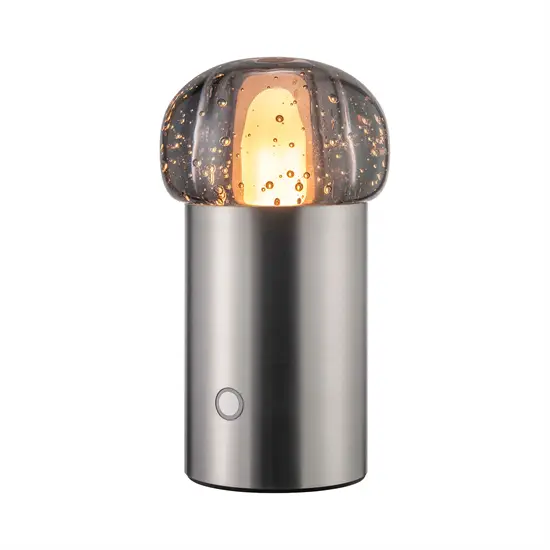 Blomus IRIS LED-lampe med cylindrisk metalbase, kuppelformet top med bobler og rund knap på basen.