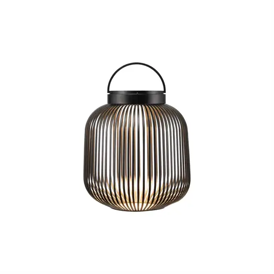 Sort LED-lampe med lodrette stænger og håndtag, designet af Blomus, bærbar og stilfuld.