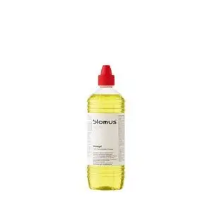 Gennemsigtig flaske med gul væske og rød hætte, mærket "Blomus" og "brenngel", 1000 ml.