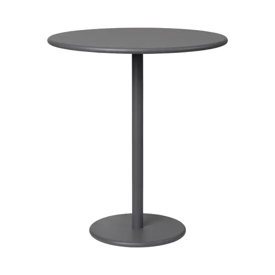 Rundt sidebord i varm grå med moderne design. Enkel og stilfuld til udendørs brug.