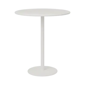 Rundt udendørs sidebord i silkegrå med cylindrisk støtte og rund base.