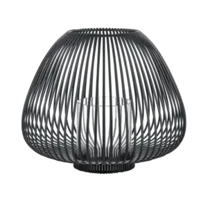 Sort lanterne med trådramme og glasbeholder, moderne design, symmetrisk mønster.