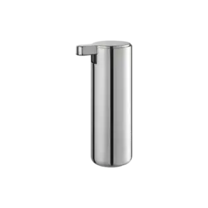 Cylindrisk sæbedispenser i poleret rustfrit stål med pumpefunktion, elegant og reflekterende.