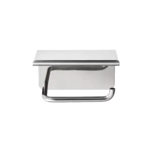 Poleret rustfrit stål toiletpapirholder med hylde, minimalistisk og væghængt design.