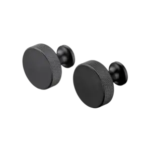 To sorte vægkroge i rund form med mat finish og teksturerede sider, moderne og stilfuldt design.