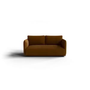Brun, moderne 2-personers sofa med to ryghynder og lige høje armlæn, kompakt design.