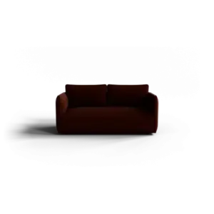 2-personers sofa i dyb brun med moderne design, firkantede ryghynder og armlæn i samme højde.