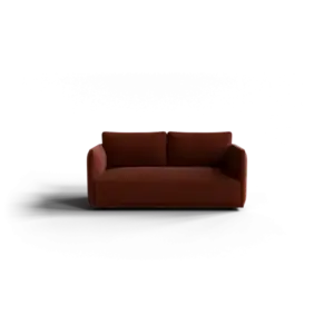 To-personers sofa i brandy brun med moderne, minimalistisk design og brede armlæn.