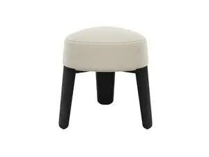 Beige skammel med rundt, polstret sæde og tre mørke træben. Enkel og minimalistisk stil.