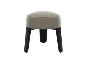 Rund skammel med polstret overflade i neutral farve og tre mørke ben.