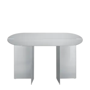 Moderne bænk i rustfrit stål med flad top og brede ben, mat finish, H 45 x B 80 x T 35 cm.