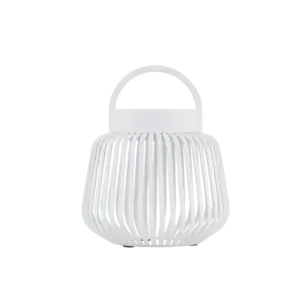 Hvid mobil LED-lampe med lodrette lameller og bærehåndtag.