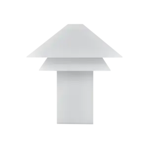 Hvid, minimalistisk lampe med konisk top og cylindrisk base, stilfuldt og geometrisk design.