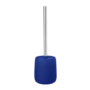 Toiletbørste med blå, glat beholder og skinnende håndtag. Minimalistisk design.