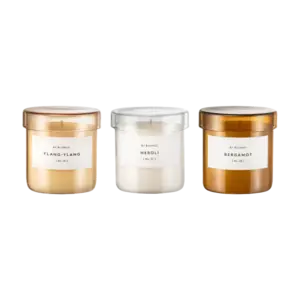 Tre Blomus VALOA duftlys i glasbeholdere: Ylang-Ylang, Neroli og Bergamot. Moderne design.