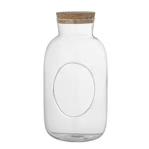 Klar glasbeholder med rund korklåg og let buet hals, synlig indvendigt.
