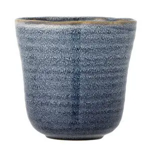 Blå keramisk urtepotte med rund, tilspidset form og udfladet kant, 16,5 cm i diameter, 16 cm høj.