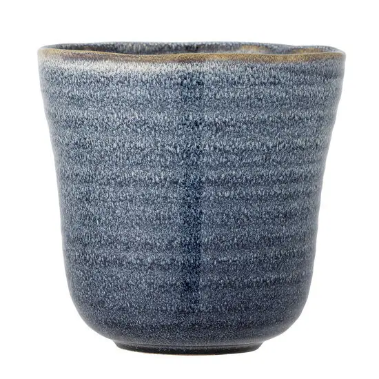 Blå keramisk urtepotte med rund, tilspidset form og udfladet kant, 16,5 cm i diameter, 16 cm høj.