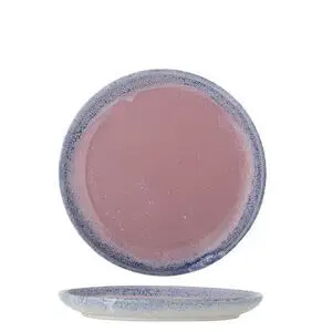 Rund tallerken i rosa med blå kant og let dybde. Farvegradient fra midten til kanten.