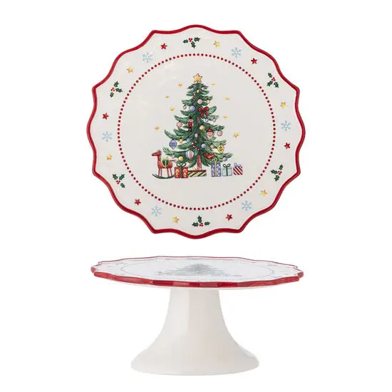 Kagefad med juletræ og gaver, bølgede kanter med røde detaljer. Festligt keramikdesign.