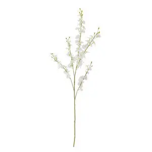 Kunstig orkidé stilk med hvide blomster tæt arrangeret på en lang, slank stilk.