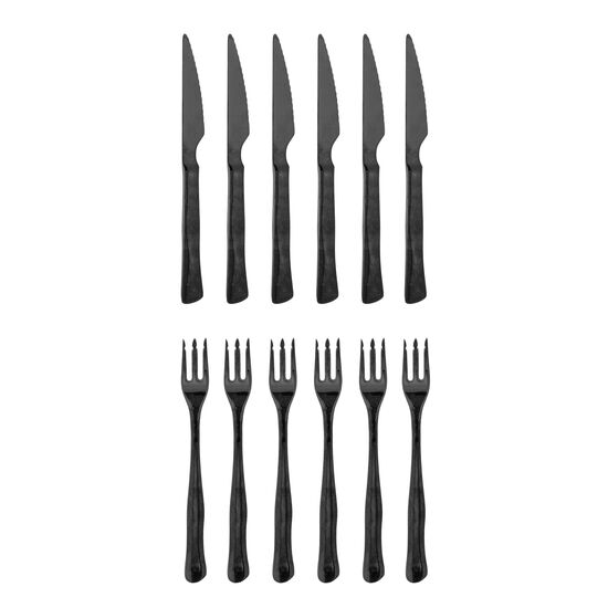 Elegant sort bestiksæt med knive og gafler i rustfrit stål, moderne design.