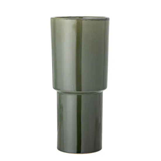 Cylindrisk vase i blank grøn stentøj, enkel og elegant design.