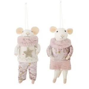 To museornamenter hænger; venstre i hvid top med stjerne, højre i rosa sweater og nederdel.